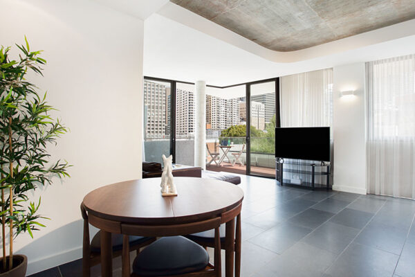Surry Hills, Sydney - One-bedroom apartment - dining, lounge and balcony view