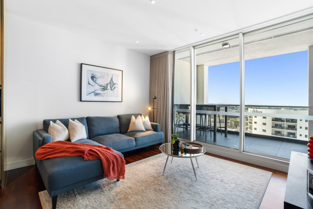 QT Apartments, Perth - apartment 1706 living room and balcony